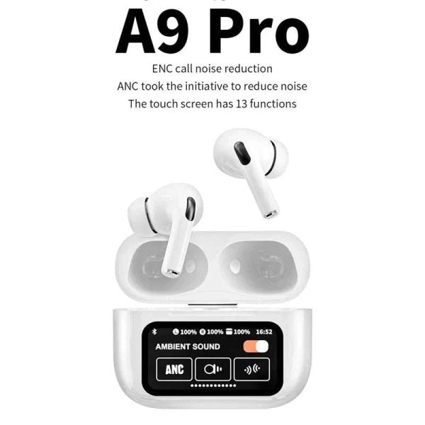 A9 Pro Wireless Earbuds | ANC/ENC Noise Reduction | Touchscreen Display | BT 5.4 | For Android & iOS – Apple-Style Design