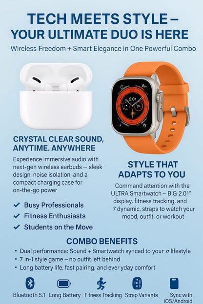 AirPods Pro 2 + Ultra 7-in-1 Smartwatch Combo | Premium Sound, Fitness Tracking, and Effortless Style – The Ultimate Tech Bundle!