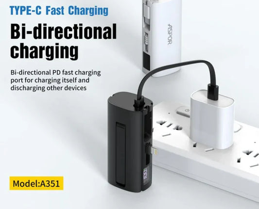 Aspor A351 2-in-1 Mini Power Bank | 5000mAh – Built-in iPhone & Type-C Connectors | Ultra-Portable & Fast Charging